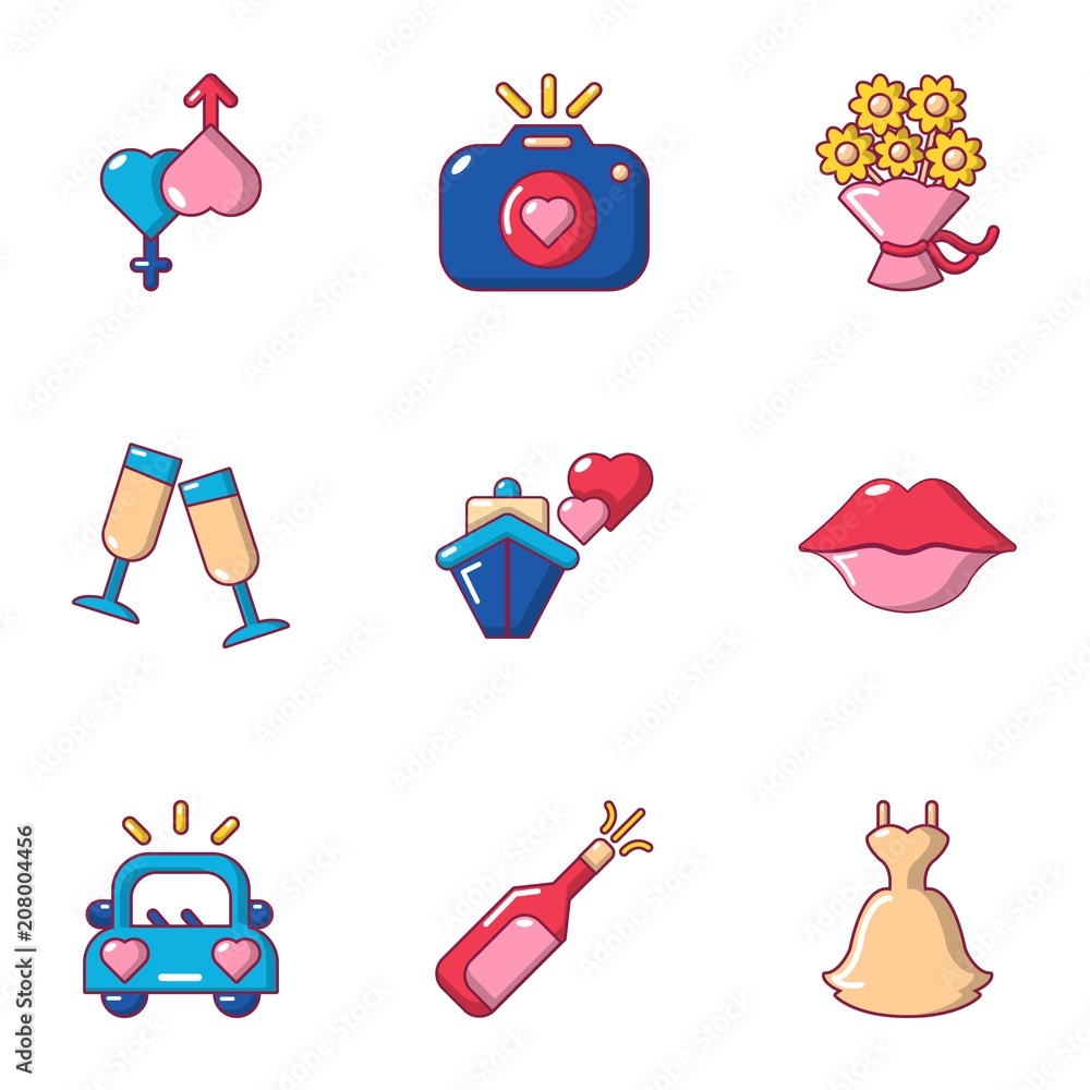 Poster romantic setting icons set. cartoon set of 9 romantic setting vector icons for web isolated on white