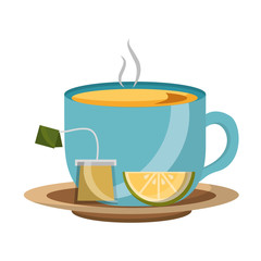tea cup hot with leaves bag on dish vector illustration