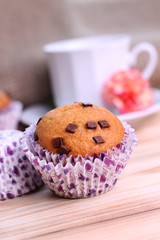 Muffin with chocolate in detail