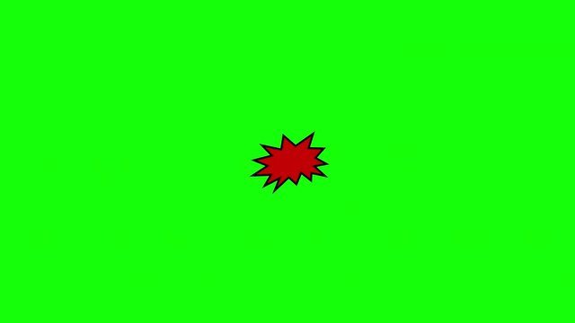A comic strip speech cartoon animation with an explosion shape. Words: Click, Ploof, Grunt. White text, red and yellow spikes, green background.

