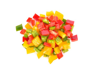 prepared cube cut bell pepper on white background