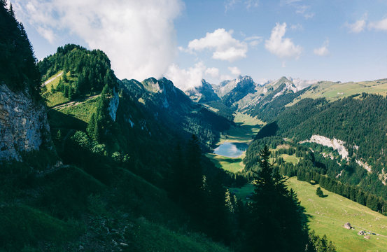 Mountains of Switzerland - Alpstein Mountain Range Panorama on Sunny Summer Day