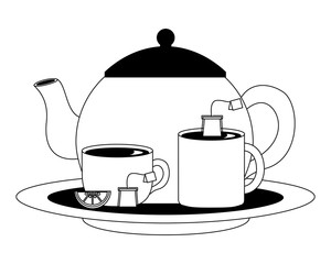 teapot and teacups teabag lemon slice on dish vector illustration black and white black and white