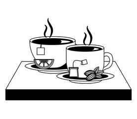 tea cup hot with leaves bag beans cocoa vector illustration black and white black and white