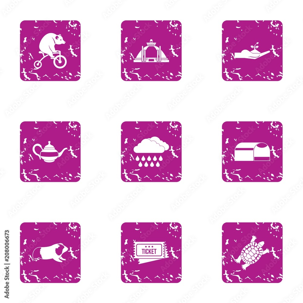 Poster circus production icons set. grunge set of 9 circus production vector icons for web isolated on whit