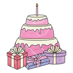 Happy birthday design with birthday cake and gift boxes over white background, vector illustration
