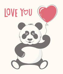 Cute Panda bear with heart balloon cartoon hand drawn vector illustration. For t-shirt print, simple style card, poster, kids wear fashion design.