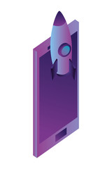 smartphone device with rocket isometric vector illustration design