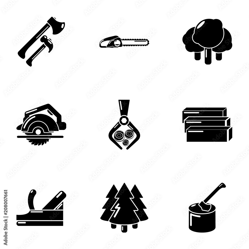 Poster lumberman icons set. simple set of 9 lumberman vector icons for web isolated on white background