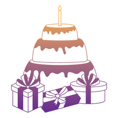 Happy birthday design with birthday cake and gift boxes over white background, vector illustration