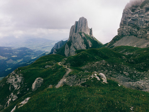 Limestone Peak in Green Mountainous Landscape (Appenzell, Switzerland)