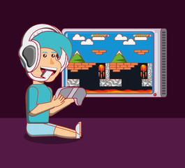 Cartoon boy playing video game over purple background, colorful design. vector illustration