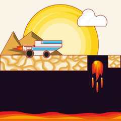 Video game interface with volcanic lava and car icon, colorful design. vector illustration