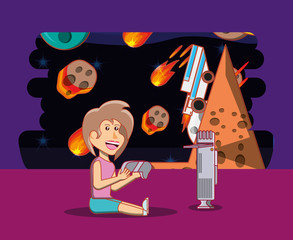 cartoon girl playing video games over space background, colorful design. vector illustration