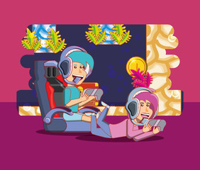 Cartoon happy kids playing video games over pink background, colorful design. vector illustration
