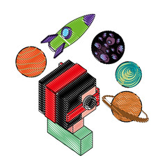 futuristic man with planets and rocket isometric avatar vector illustration design