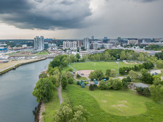 Aerial waterfront city panorama