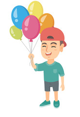 Caucasian smiling happy boy with the bunch of colorful air balloons in his hand. Cheerful boy holding the bunch of balloons. Vector sketch cartoon illustration isolated on white background.