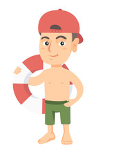 Obraz na płótnie Canvas Little caucasian boy in shorts holding a red-white lifebuoy. Smiling boy standing with lifebuoy. Boy is going to swim with lifebuoy. Vector sketch cartoon illustration isolated on white background.