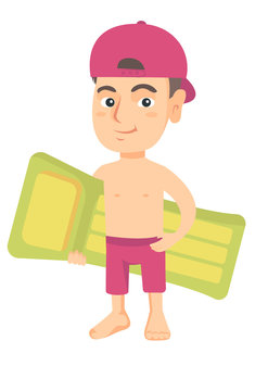 Little happy caucasian boy in shorts holding green inflatable mattress. Smiling boy with inflatable mattress for swimming. Vector sketch cartoon illustration isolated on white background.