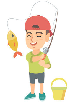 Cheerful caucasian little boy fishing. Smiling boy standing near the bucket for fish and holding fishing rod with fish on a hook. Vector sketch cartoon illustration isolated on white background.