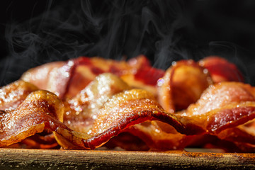 Closeup Pile of Hot Sizzling Bacon
