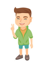 Caucasian boy showing victory gesture. Little boy showing victory sign with two fingers. Vector sketch cartoon illustration isolated on white background.