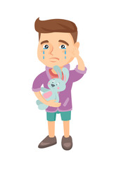 Caucasian boy crying and wiping the tears away. Little boy crying and holding toy rabbit in hand. Vector sketch cartoon illustration isolated on white background.