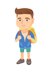 Little caucasian sad schoolboy carrying a backpack. Full length of upset schoolboy with backpack. Vector sketch cartoon illustration isolated on white background.