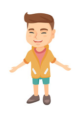 Caucasian cheerful boy laughing. Happy little boy laughing with outstretched arms. Vector sketch cartoon illustration isolated on white background.