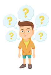 Caucasian thinking boy with question marks. Thoughtful little boy standing under question marks above his head. Vector sketch cartoon illustration isolated on white background.