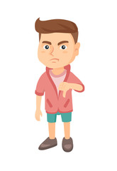 Disappointed caucasian boy with thumb down. Full length of angry boy showing his disagree by thumb down. Vector sketch cartoon illustration isolated on white background.