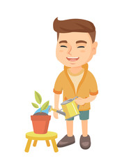 Caucasian boy watering plant with a watering can. Little laughing boy watering a flower growing in a pot. Vector sketch cartoon illustration isolated on white background.