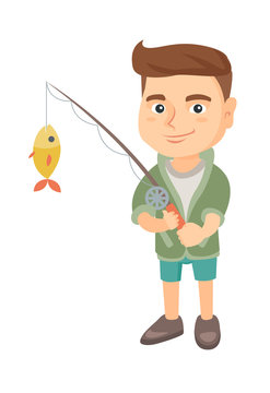 Caucasian little boy fishing. Full length of smiling boy holding fishing rod with fish on a hook. Vector sketch cartoon illustration isolated on white background.