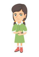 Caucasian sad girl having stomach ache. Little girl touching belly and suffering from stomach ache. Girl having problems with stomach. Vector sketch cartoon illustration isolated on white background.