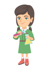 Caucasian girl pouring liquid from a test tube and into a flask. Little girl making an experiment with a test tube and a flask. Vector sketch cartoon illustration isolated on white background.