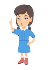 Happy little caucasian girl with open mouth pointing finger up. Surprised girl with open mouth came up with a creative idea. Vector sketch cartoon illustration isolated on white background.