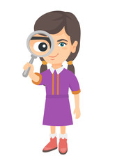 Smiling caucasian girl looking through a magnifying glass. Little girl holding a magnifying glass in front of her eye. Vector sketch cartoon illustration isolated on white background.