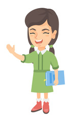 Cheerful caucasian laughing girl holding a book and waving. Full length of little laughing girl with a book. Education concept. Vector sketch cartoon illustration isolated on white background