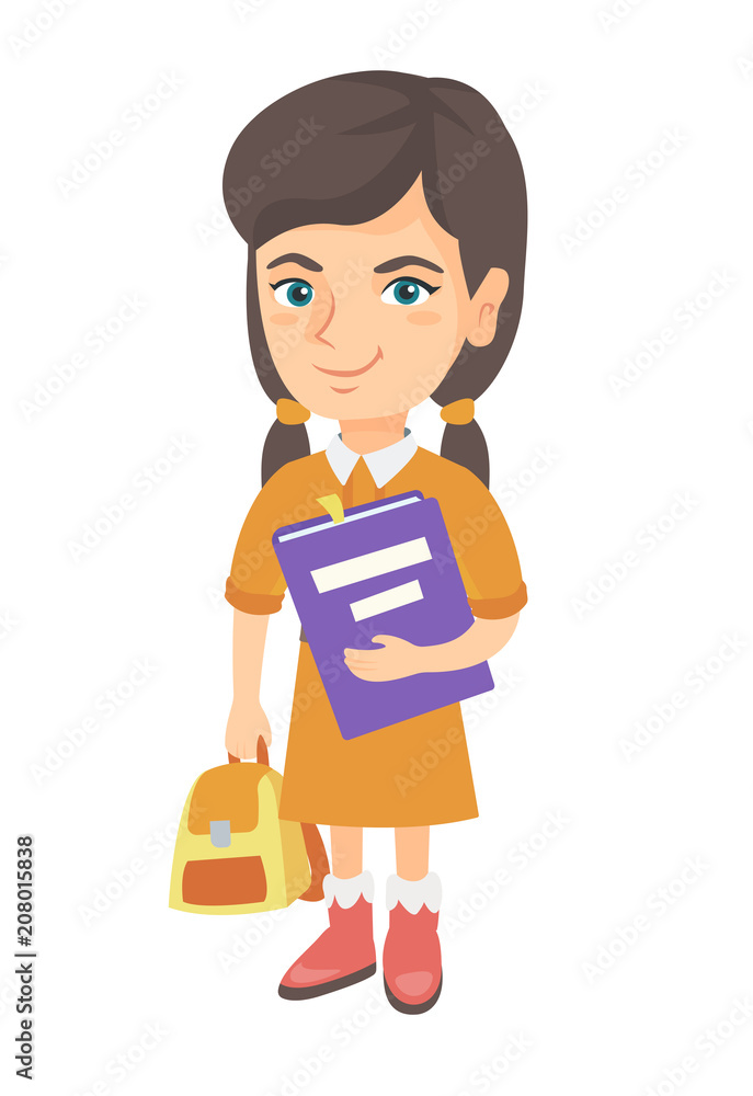 Poster caucasian pupil with backpack and tutorial. full length of smiling happy pupil holding textbook and 