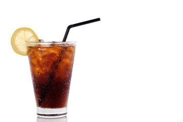 Glass of cold cola with lemon