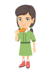 Caucasian girl eating roasted chicken leg. Little girl eating fried chicken leg. Full length of happy child holding a chicken drumstick. Vector sketch cartoon illustration isolated on white background