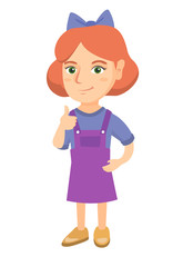 Caucasian little girl giving thumb up. Full length of smiling girl with thumb up. Cheerful girl showing thumb up. Vector sketch cartoon illustration isolated on white background.