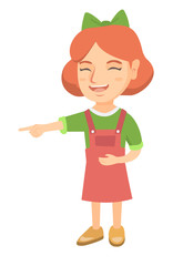 Caucasian girl bullying someone and pointing finger. Little laughing girl mocking and pointing her forefinger at something. Vector sketch cartoon illustration isolated on white background.