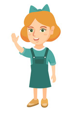 Caucasian little girl waving her hand. Cheerful girl making greeting gesture - waving hand. Vector sketch cartoon illustration isolated on white background.