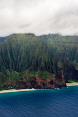 Aerial view on a overcast day over Na Pali Coast in Kauai, Hawaii