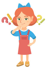 Caucasian girl standing under question marks and exclamation points. Pensive girl thinking with question and exclamation marks overhead. Vector sketch cartoon illustration isolated on white background