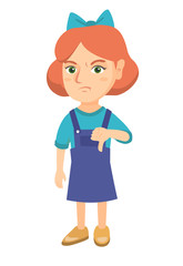 Disappointed caucasian girl with thumb down. Full length of angry girl showing her disagree by thumb down. Vector sketch cartoon illustration isolated on white background.