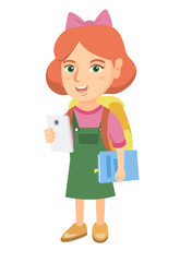 Caucasian smiling schoolgirl with backpack using a cellphone. Little schoolgirl holding cellphone and textbook in hands. Vector sketch cartoon illustration isolated on white background.