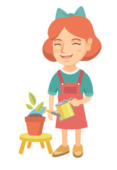 Caucasian girl watering plant with a watering can. Little laughing girl watering a flower growing in a pot. Vector sketch cartoon illustration isolated on white background.